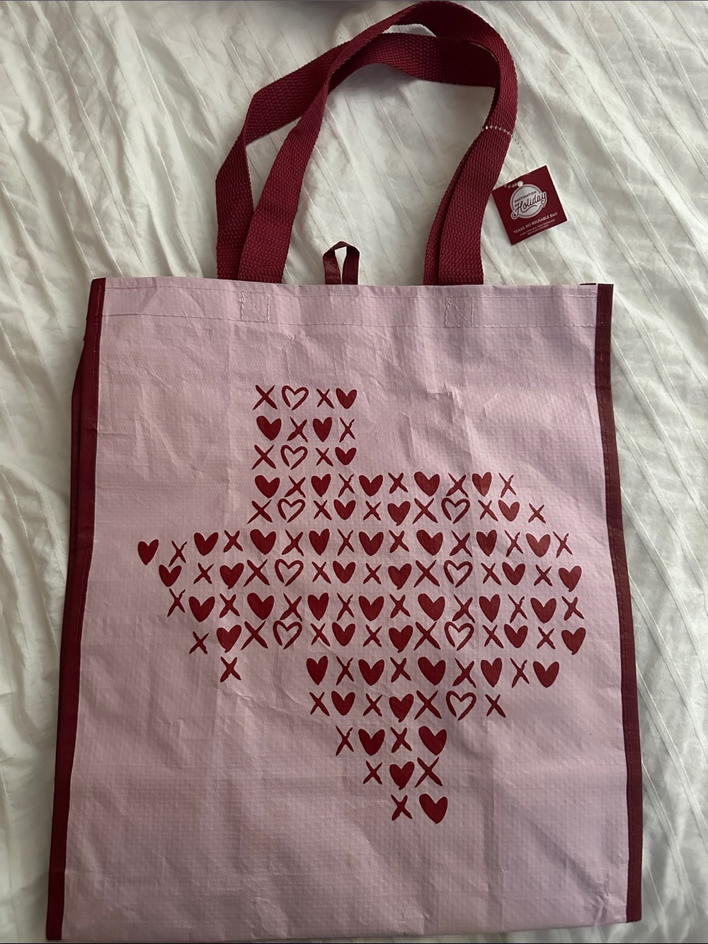 Texas XO Reusable Tote Bag - Pink with Maroon Heart Design